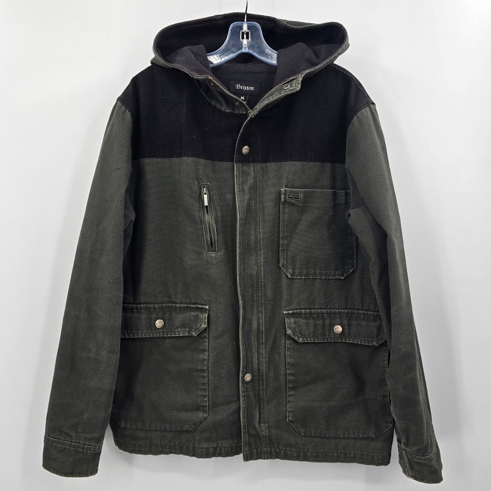 Brixton Jackeet Mens Hooded Canvas Field Olive Green Black Utility Coat Medium
